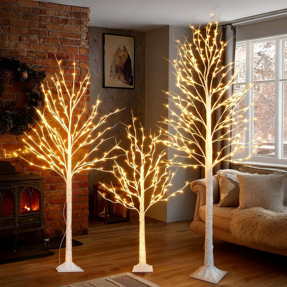 Set of 3 Lighted Birch Tree, 4FT 6FT 8FT White Artificial Christmas Tree with...