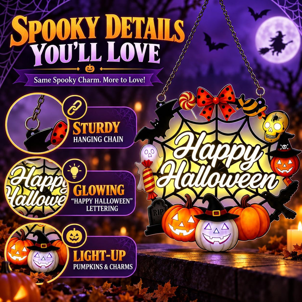 Happy Halloween Acrylic Hanging Sign for Front Door (Pumpkin Spider Light)