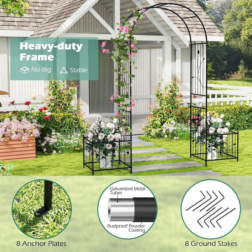 Giantex 86'' Metal Garden Arbor Arch Trellis with Planters, 8 Ground ...