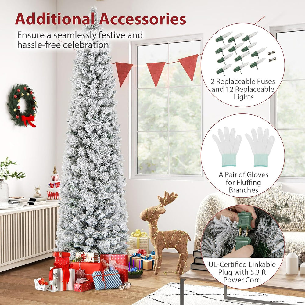 Goplus 7ft Pre-Lit Snow Flocked Pencil Christmas Tree, Artificial Slim Xmas T...