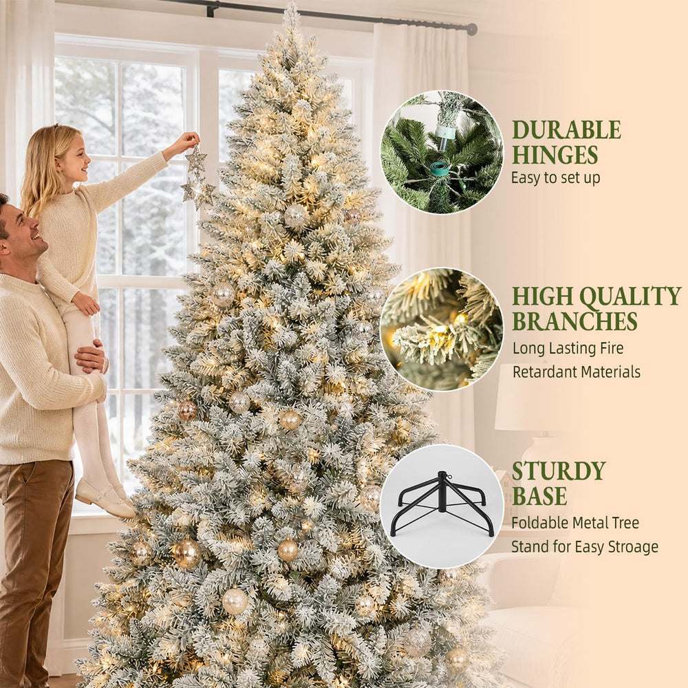7FT Flocked Prelit Artificial Hinged Christmas Tree