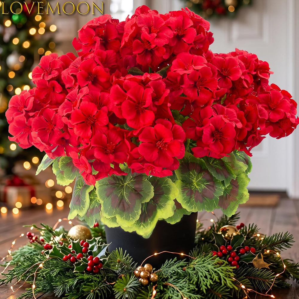 Lovemoon 2pcs Potted Red Geraniums Artificial Outdoor Flowers for Christmas