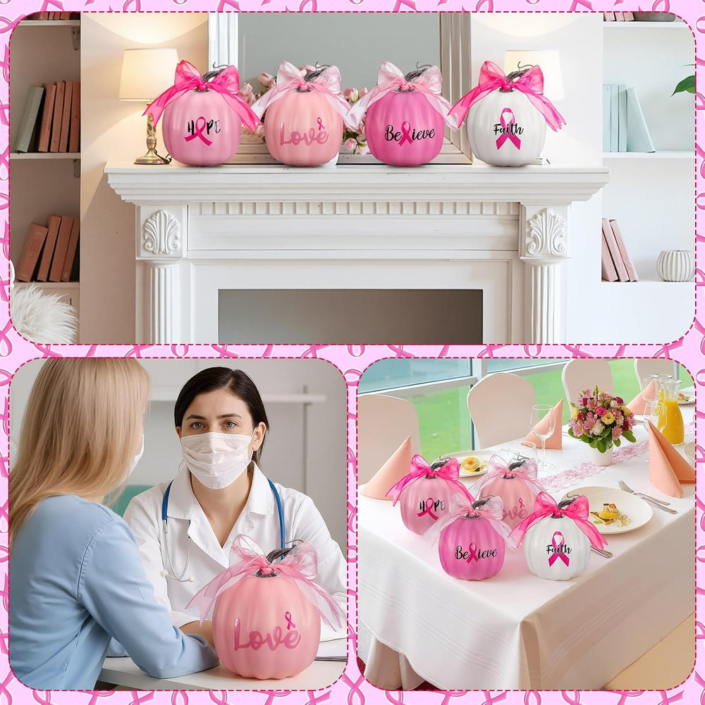 4 Sets Breast Cancer Awareness Pumpkins Decorations Pink Artificial Foam Pump...