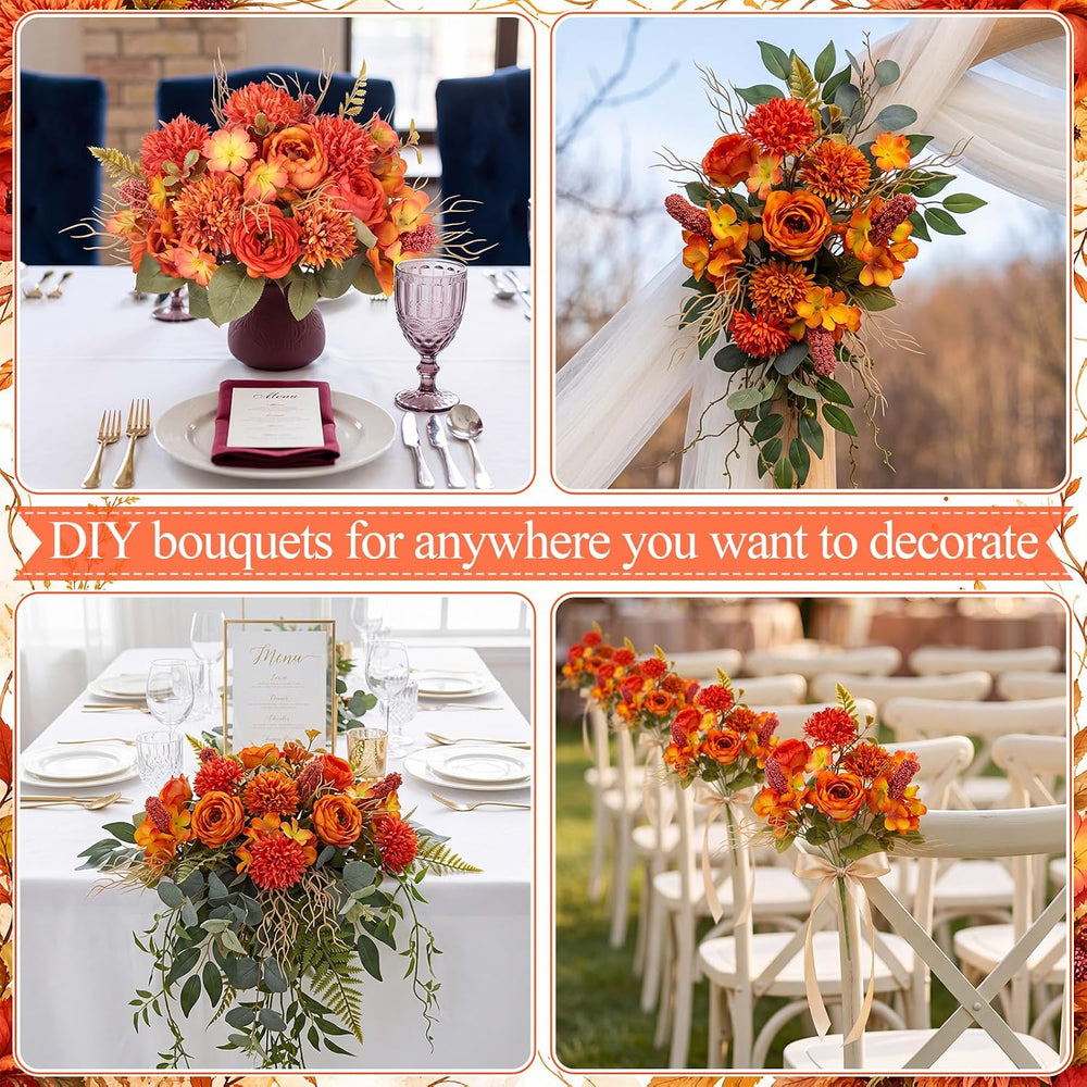 Lyrow 8 Pcs Fall Artificial Peony Hydrangea Flowers Bouquets Orange Red
