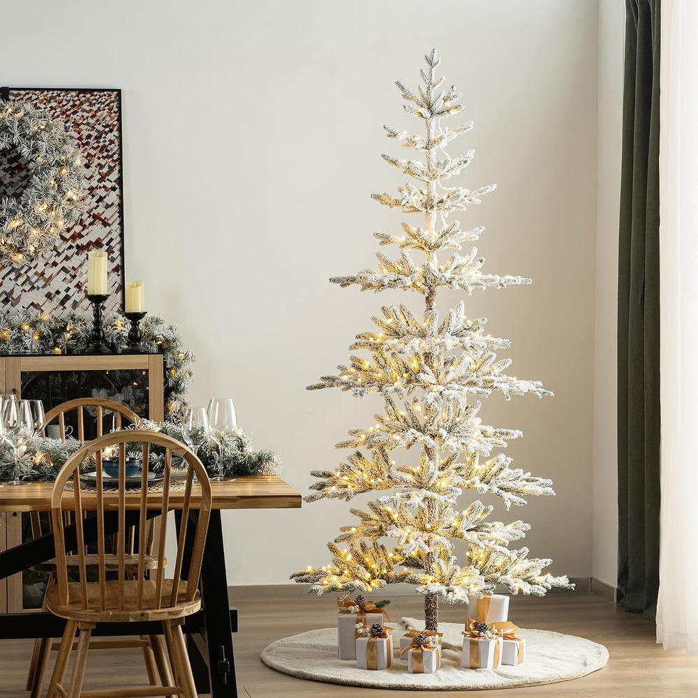 Glitzhome Flocked Christmas Tree, 7ft Pre-Lit Artificial Christmas Tree with ...