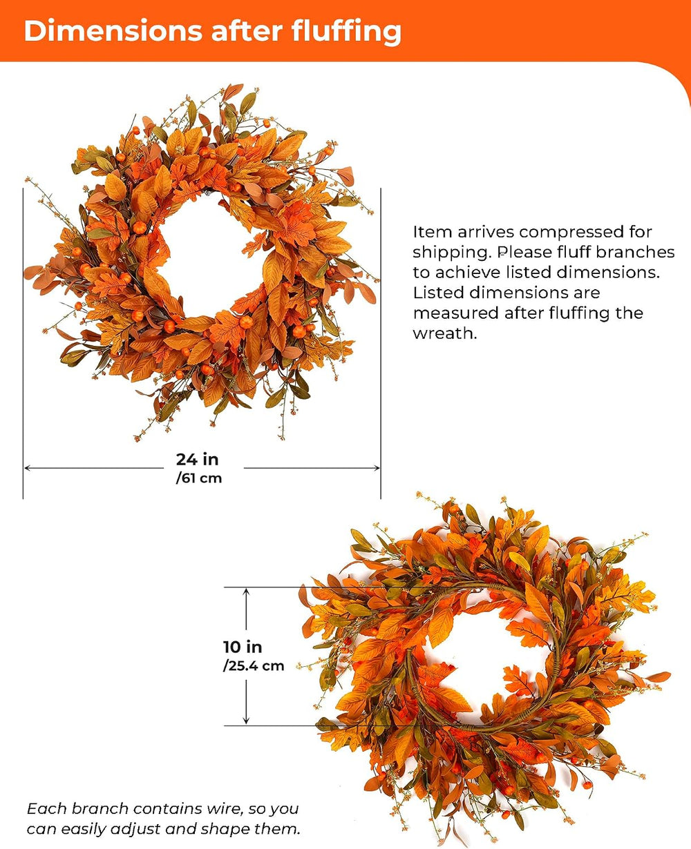 Fall Halloween Wreath for Front Door 24 inch Autumn Leaves Pumpkin