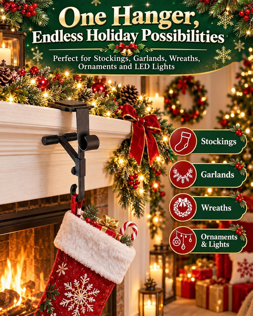Fireplace Stocking and Garland Hanger Adjustable Heavy Duty