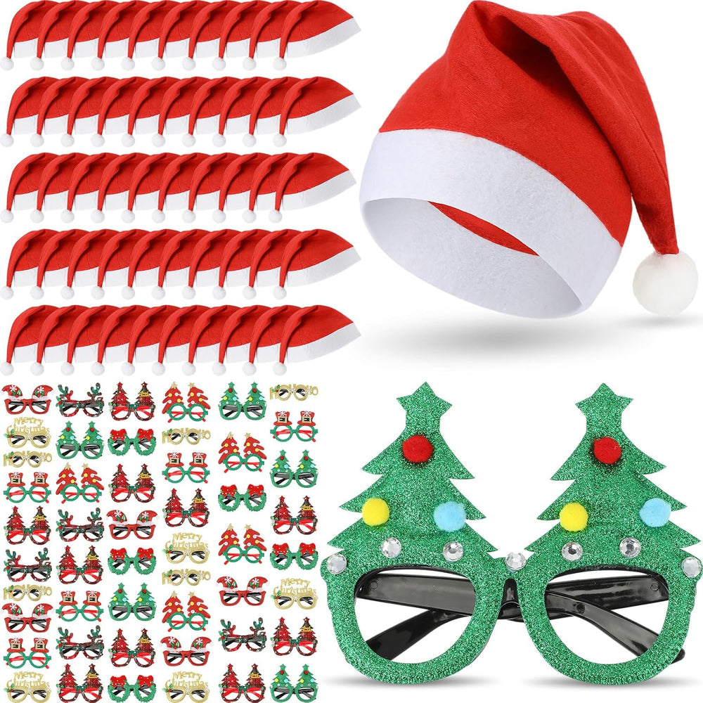 Hiboom 100 Piece Bulk Santa Hat Glasses Costume Set