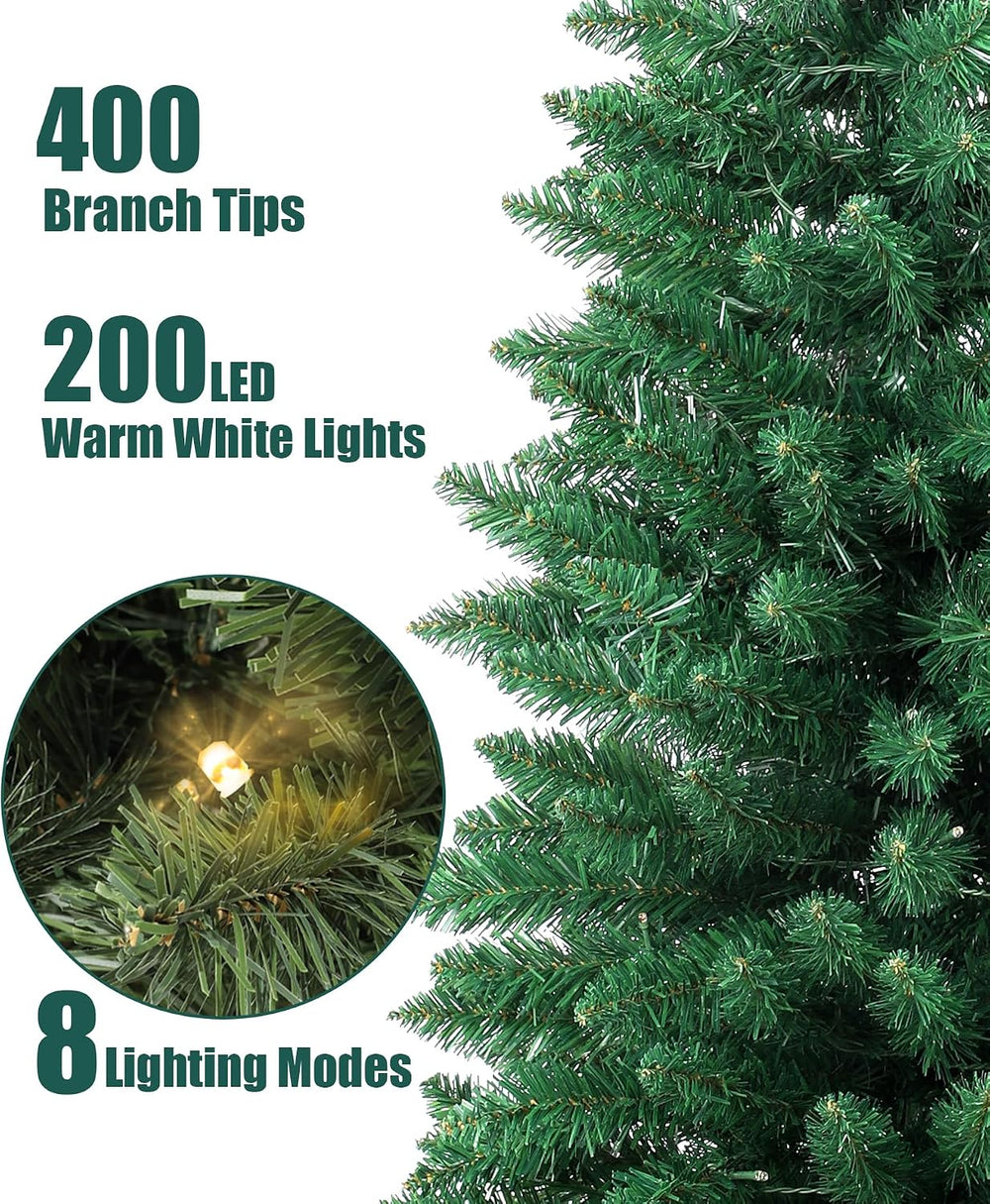 6ft Pre-Lit Fir Pencil Christmas Tree, Green Classic Artificial Slim Skinny C...