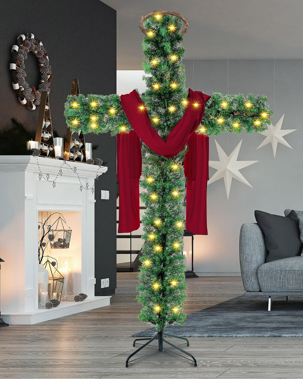 Leyndo 7 ft Lighted Christmas Cross Tree, Christian Holiday Decor