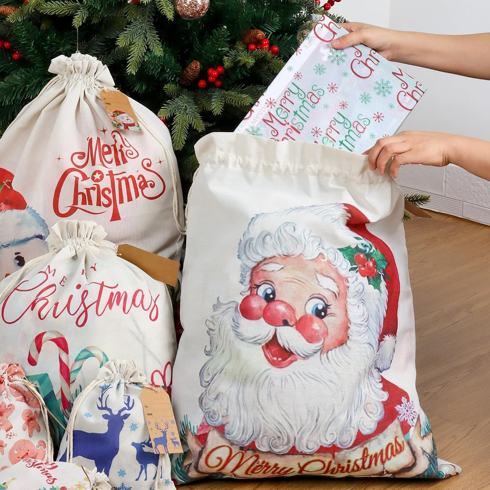 12 Pack Fabric Christmas Gift Bags with Drawstrings, Assorted Sizes
