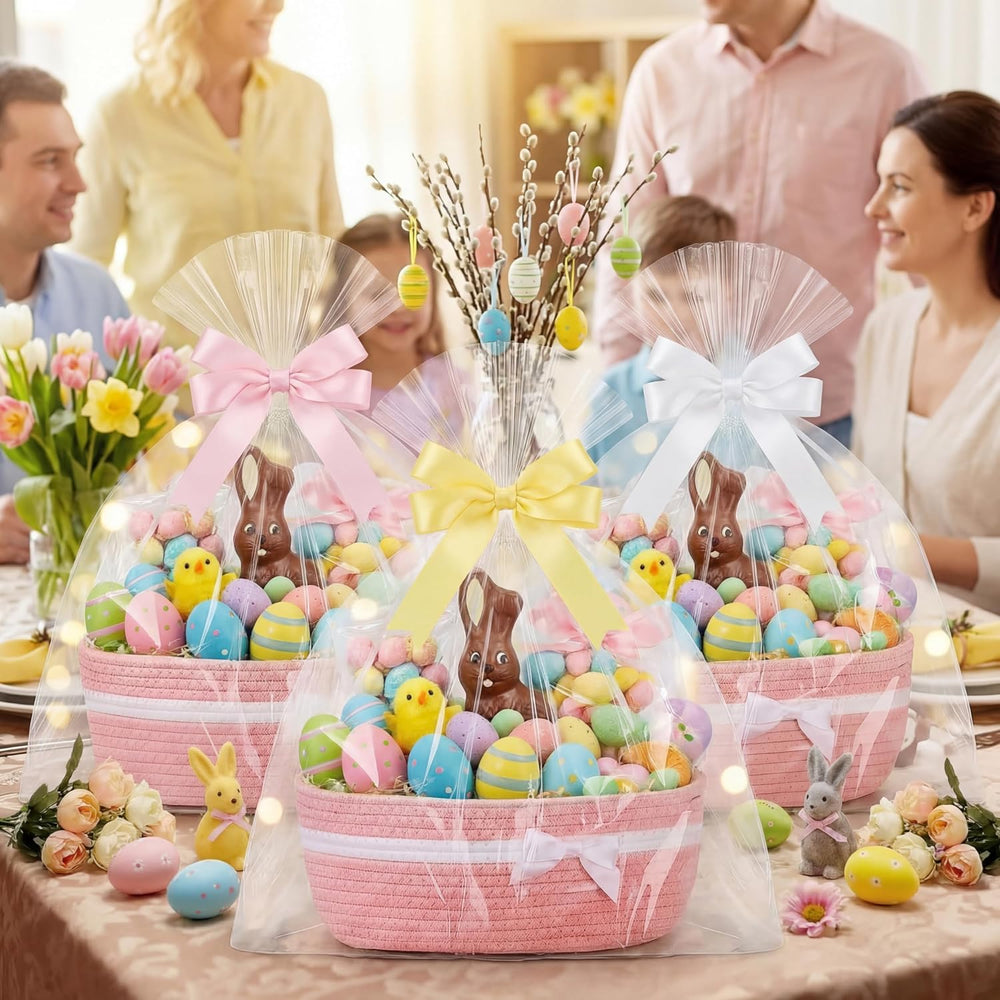 Foldtier 8 Pack Christmas Woven Gift Baskets with Handles, pink