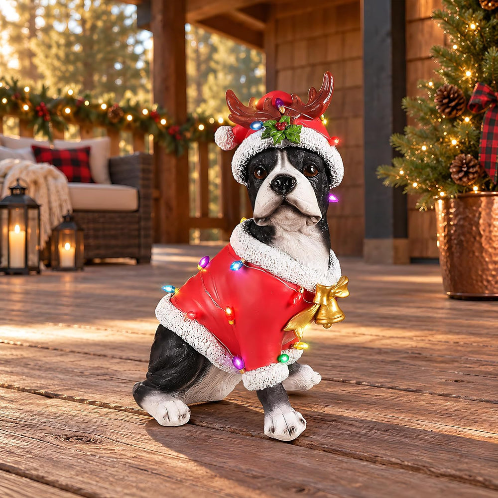 Lighted Christmas Bulldog Statue with Antler Hat