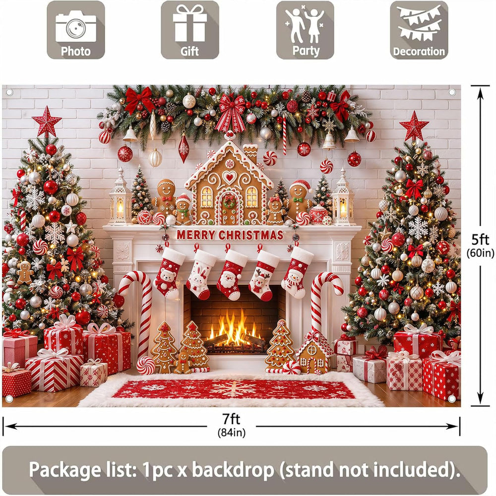 Merry Christmas Fireplace Photo Backdrop Gingerbread Man Banner 10x8 ft