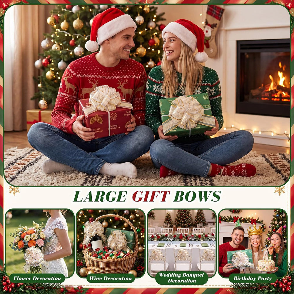 48 Pcs 6 Inch Xmas Pull Bows for Gift Wrapping, White,Gold