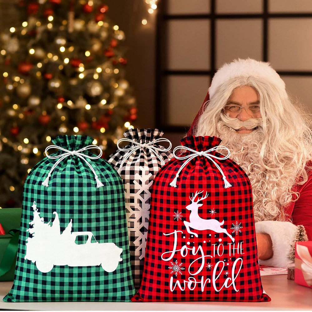 Windyun 16 Pcs Christmas Drawstring Bag Santa Sack Bag Buffalo Plaid 12x16