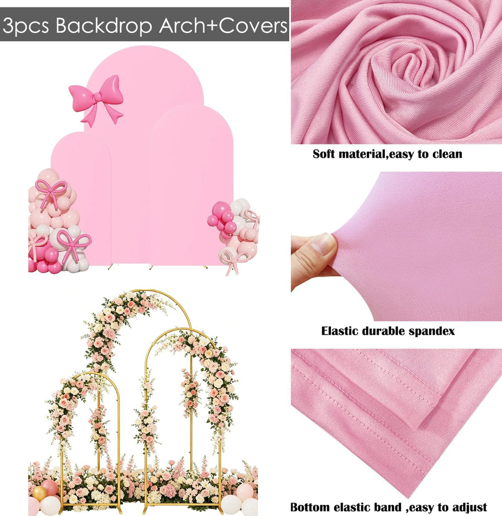 Set of 3 Metal Arch Backdrop Stands with Pink Covers, 6/6.6/7.2FT