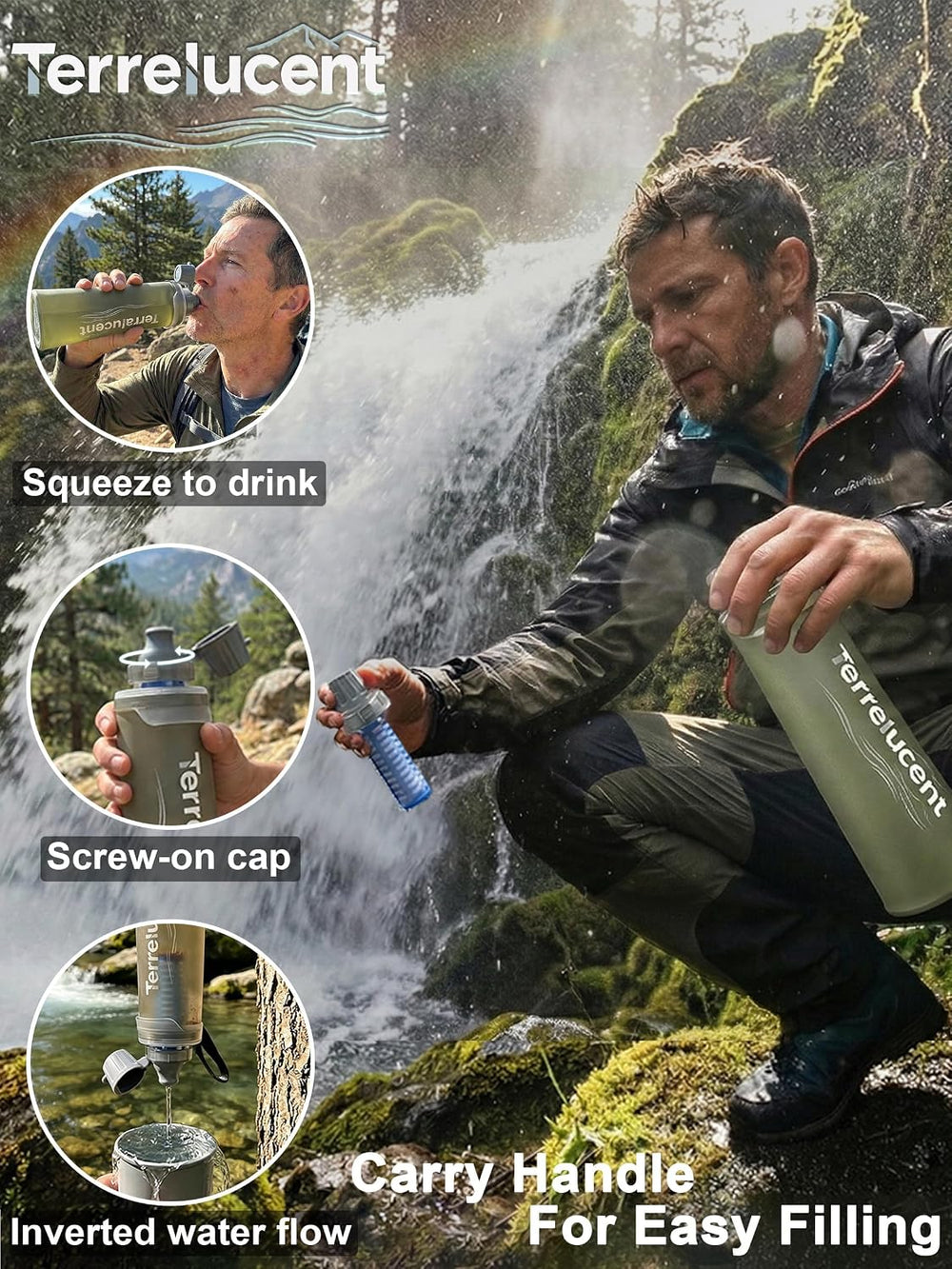 Collapsible Water Bottle with Filter, 25.4oz/750mL, BPA-Free Gray TPU