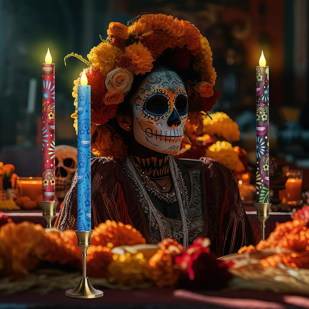 Honoson 6 Pcs Dia De Los Muertos Flameless Taper Candles, Battery Operated