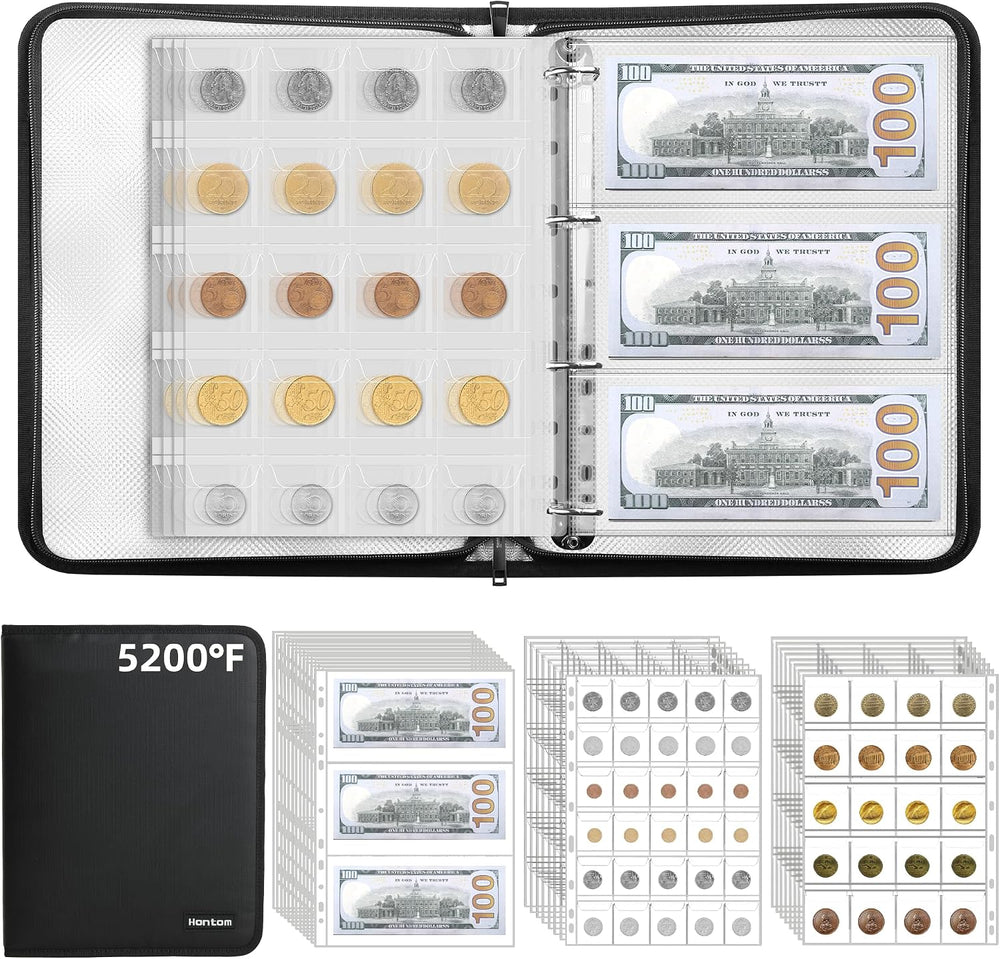 400 Pockets Fireproof Coin Collection Book &36 Paper Money Organizer Binder