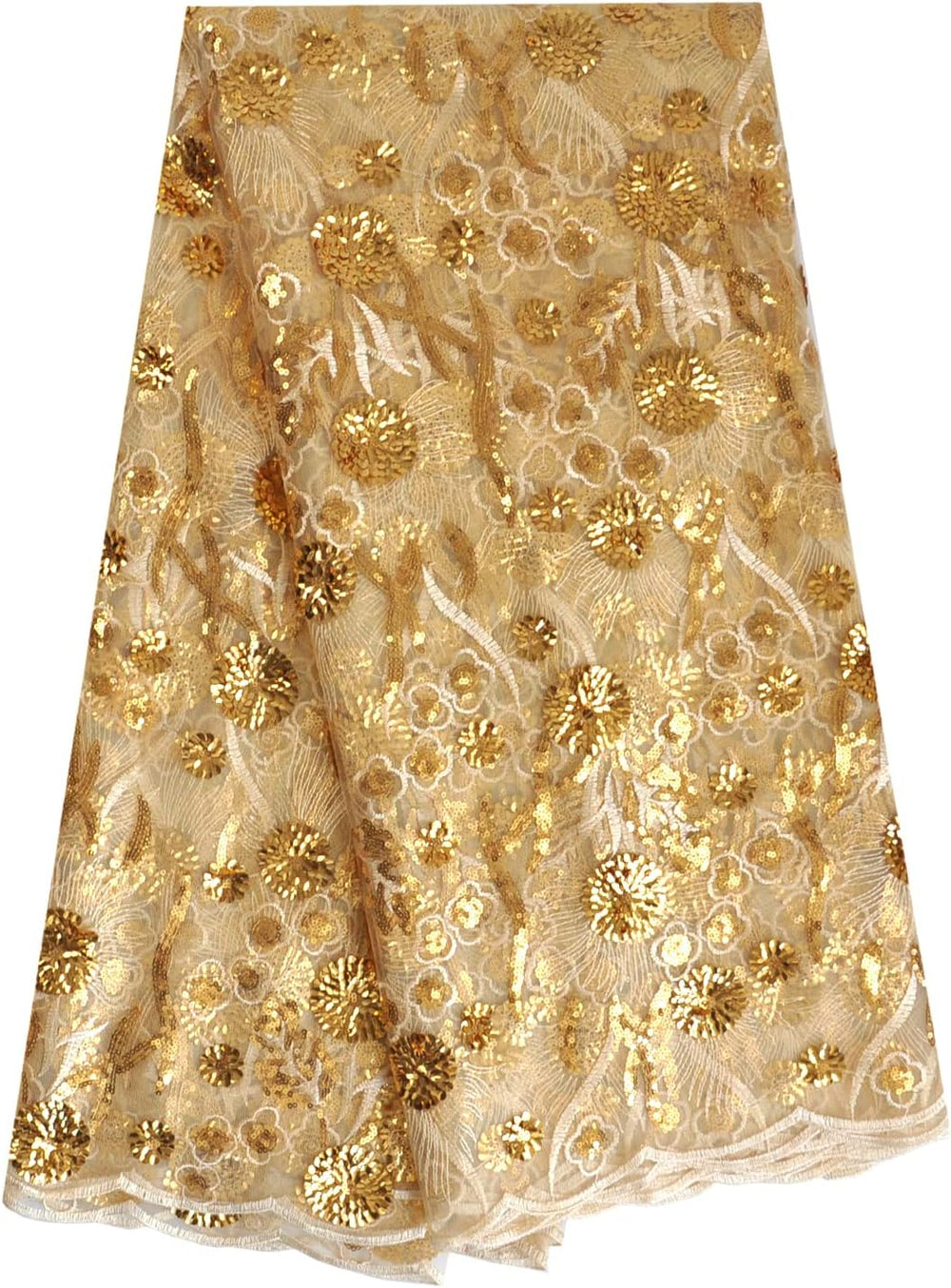 African Lace Fabric 5 Yards Sequins Embroidery for Party Dress (Gold)