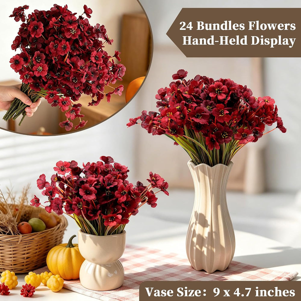 24PCS Burgundy Artificial Flowers for Outdoors Faux Mums Plant