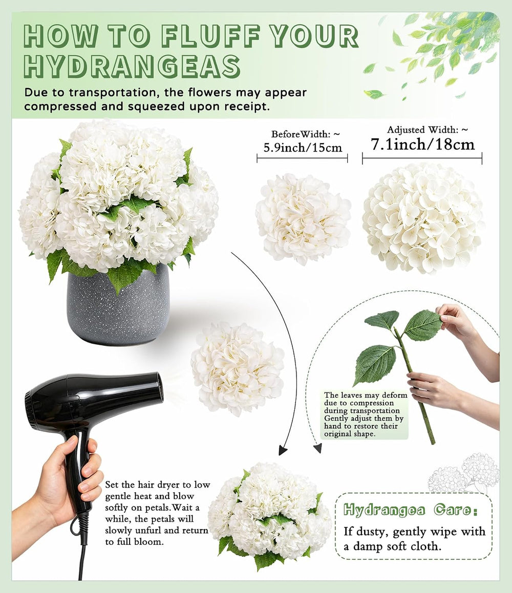 5Pcs White Faux Hydrangeas Artificial Flowers with Stems & Leaves