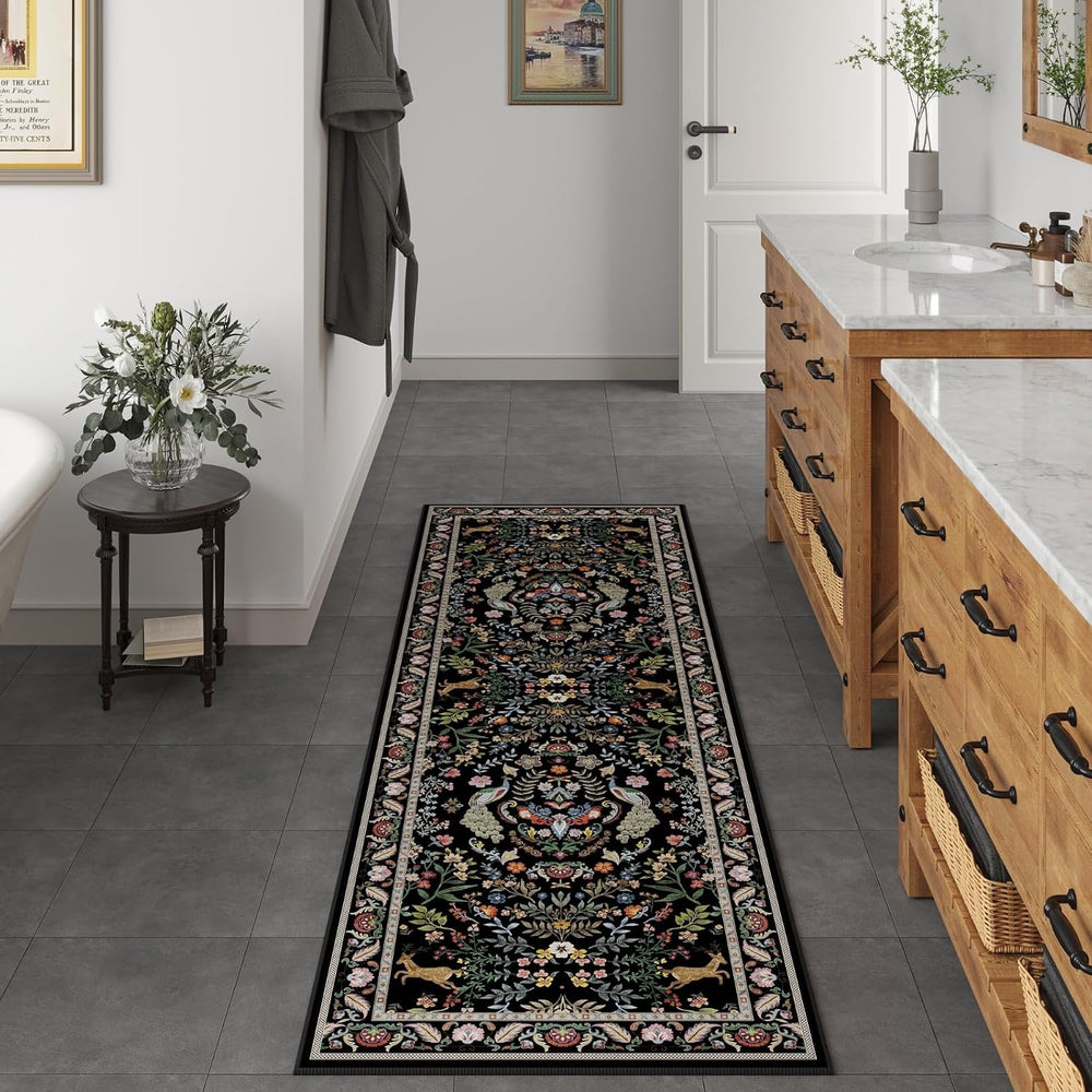Rugcomf Runner Rug 2x6 Floral Washable Non Slip, Vibrant Black