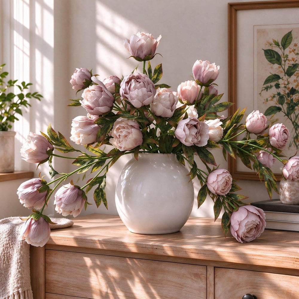 Artificial Peony Flowers, 8 Pink Faux Silk Floral Stems for Vase