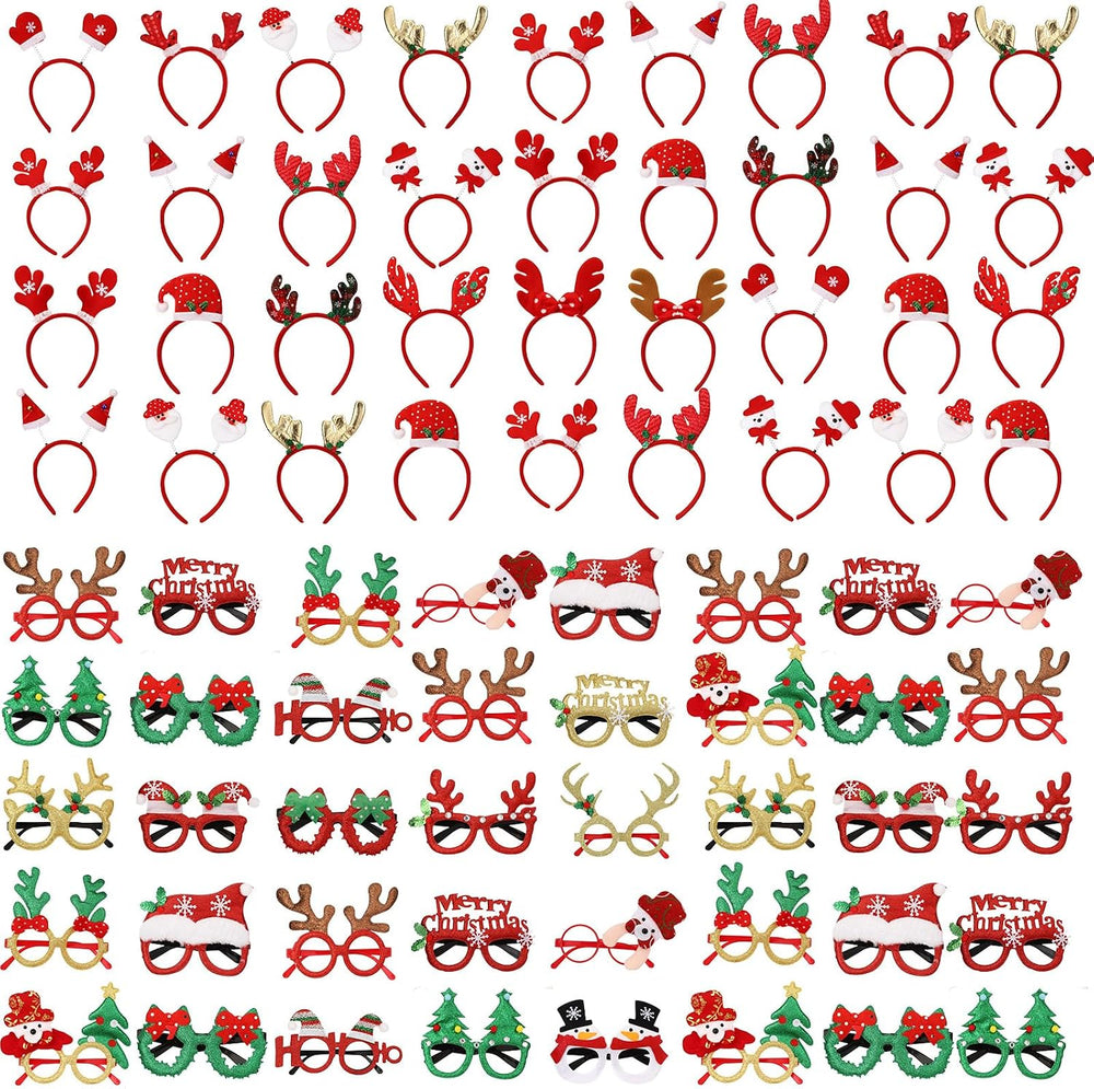64 Pcs Christmas Glasses Frame and Headbands Set, Xmas Costume Accessories