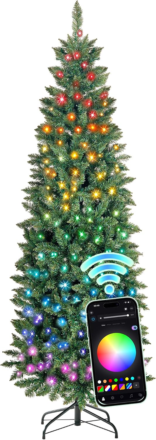 6 ft Prelit Pencil Christmas Tree, RGBW Lights, App Control