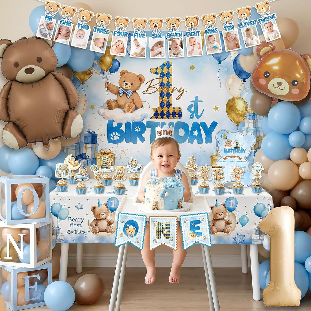 365 Pcs Beary First Birthday Decorations for Boy Blue Bear All-in-One Set