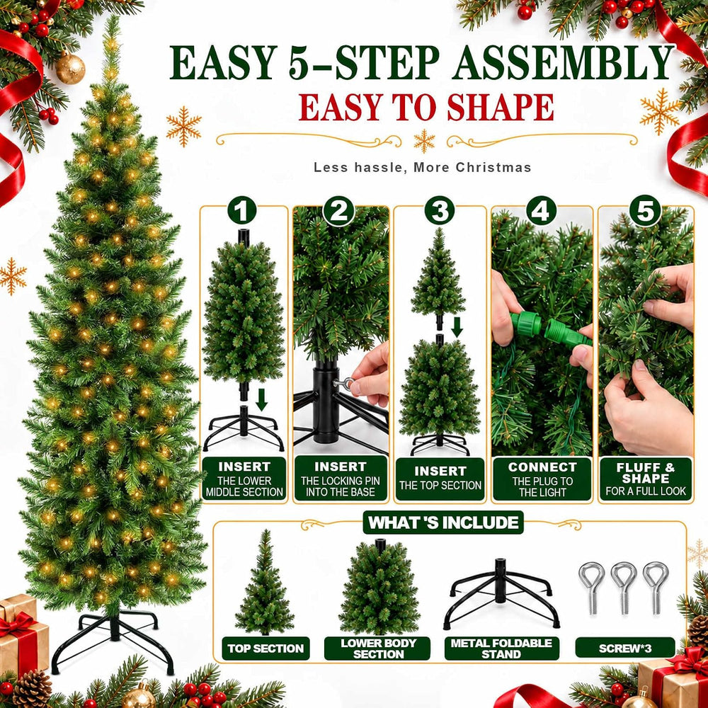 5 Ft Prelit Pencil Christmas Tree with 180 LED Dual Color Change Lights