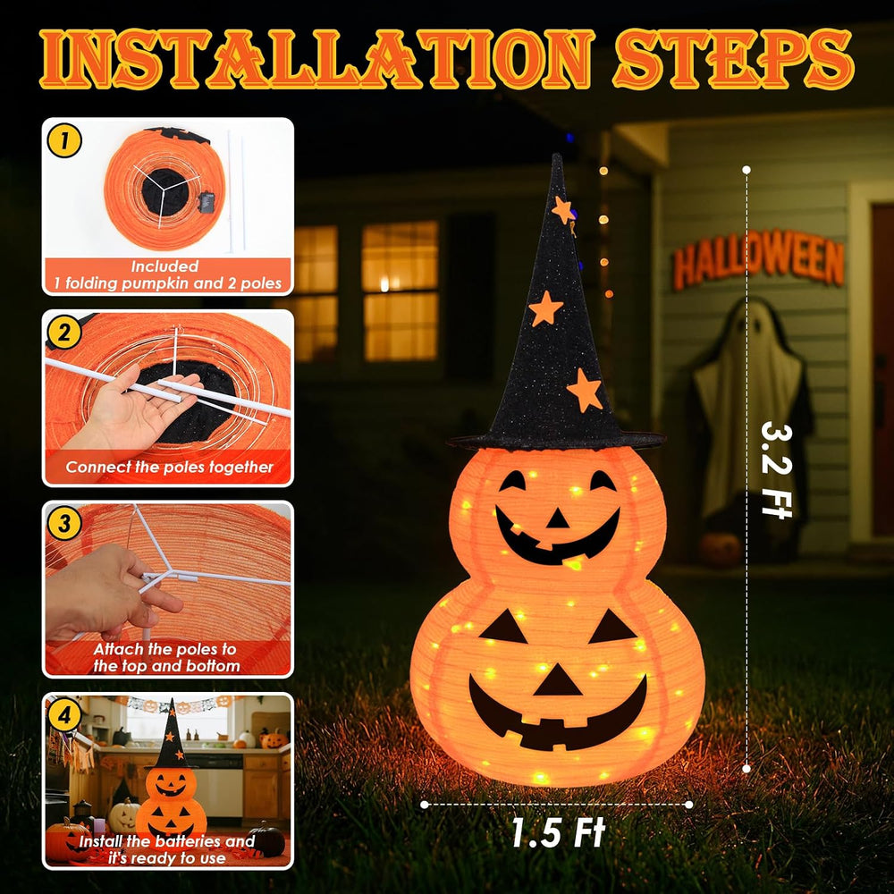 3FT Pumpkin Halloween Decorations Outdoor, 8 Modes Battery Operated Pumpkin D...