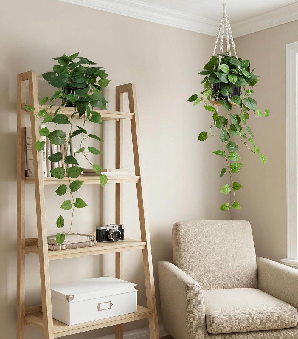Fake Plants 2 Pcs Faux Pothos Plants Potted Indoor Artificial Hanging Plants ...