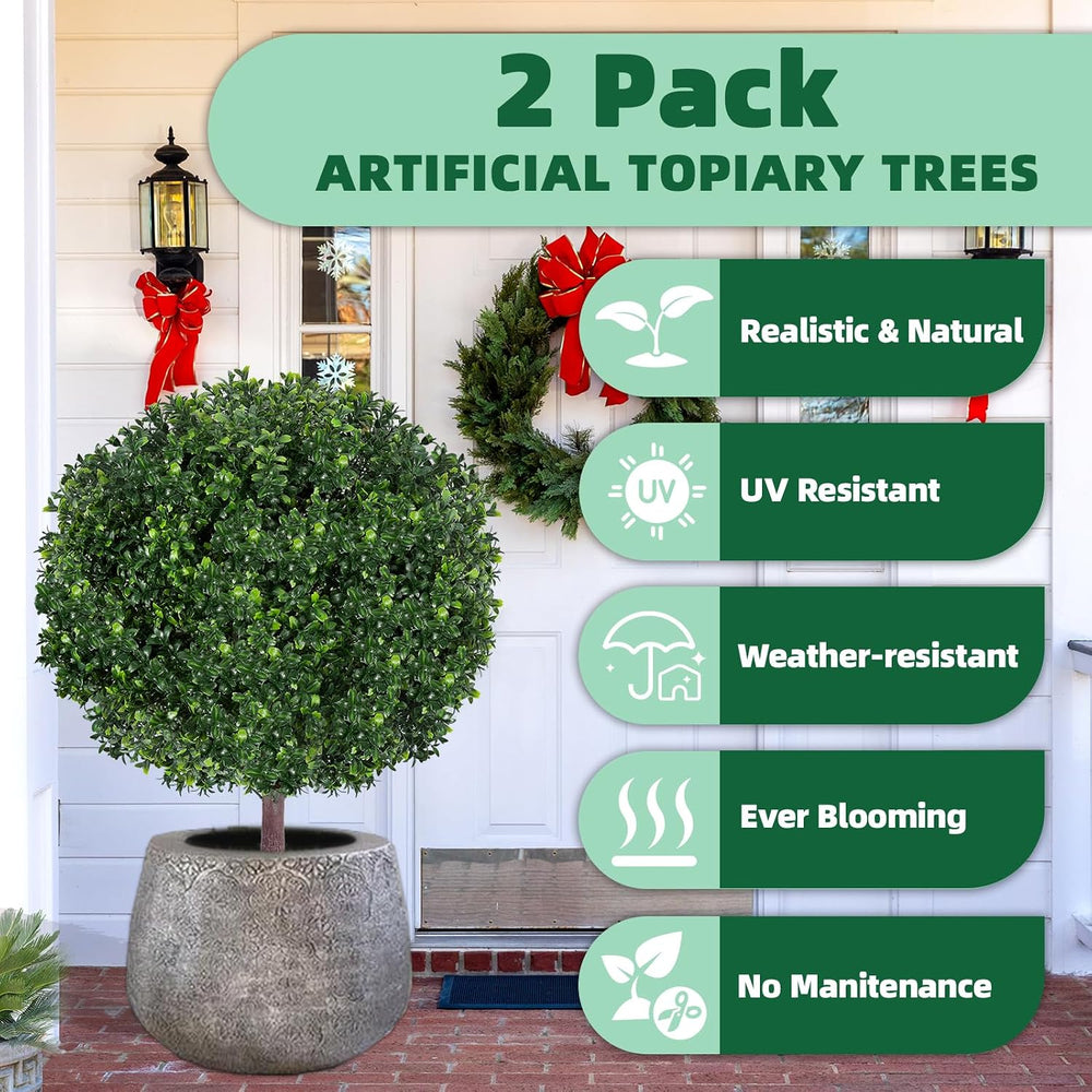 27.5" Artificial Boxwood Topiary Ball Tree, Set of 2 Fake Bushes Shrubs ...