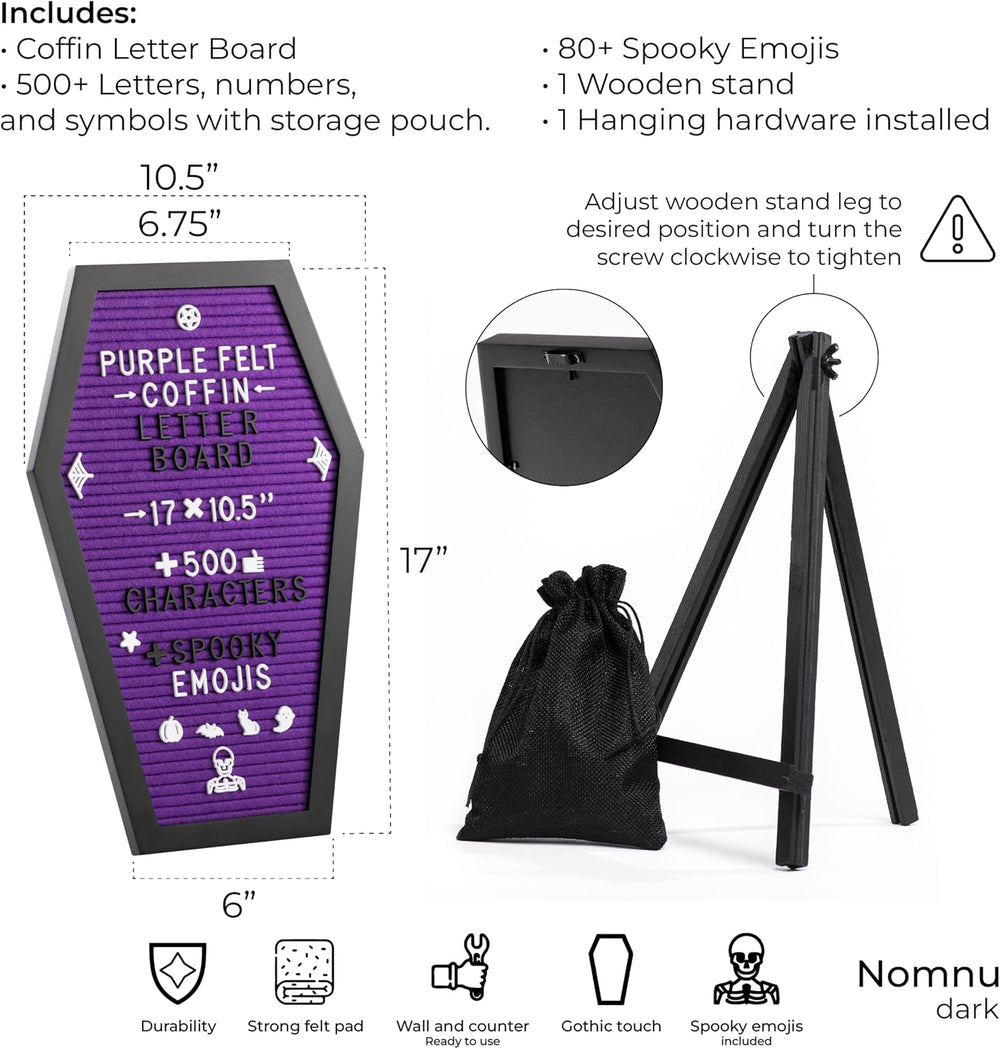 Nomnu Coffin Letter Board, Purple Goth Decor w/Bat Stickers, Spooky Emojis