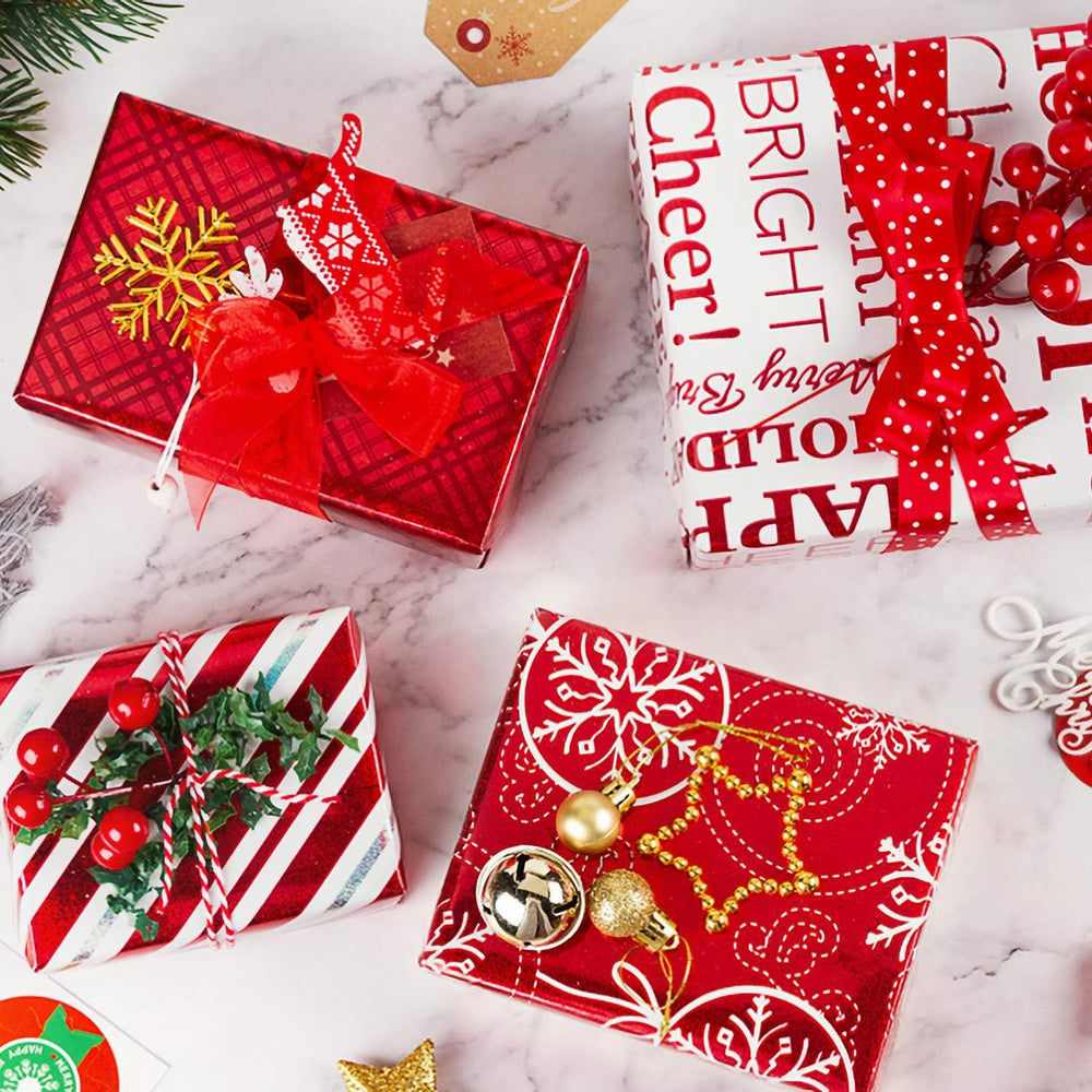 WRAPAHOLIC Christmas Wrapping Paper Set - Red and White Metallic Foil Shine C...