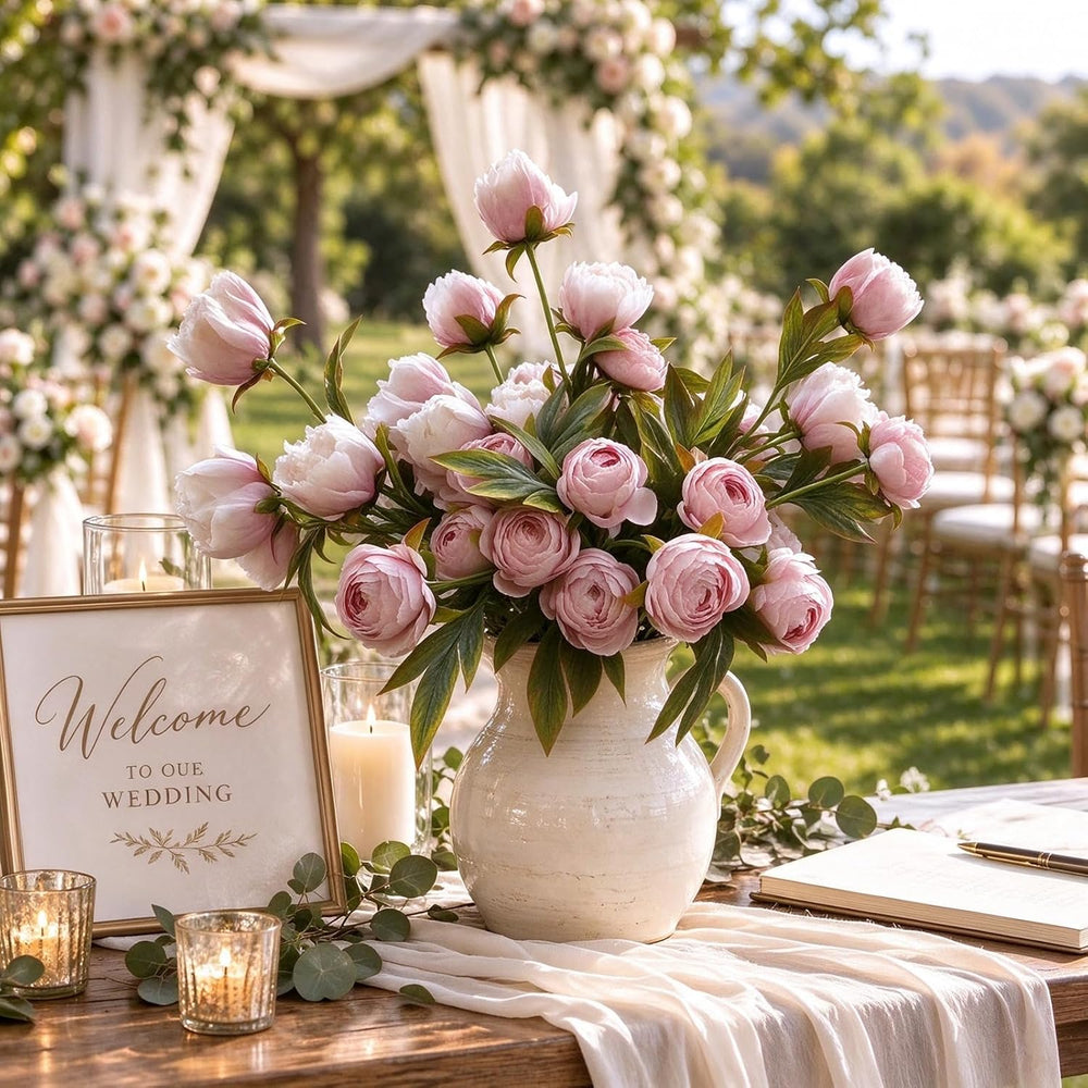 Artificial Peony Flowers, 8 Pink Faux Silk Floral Stems for Vase