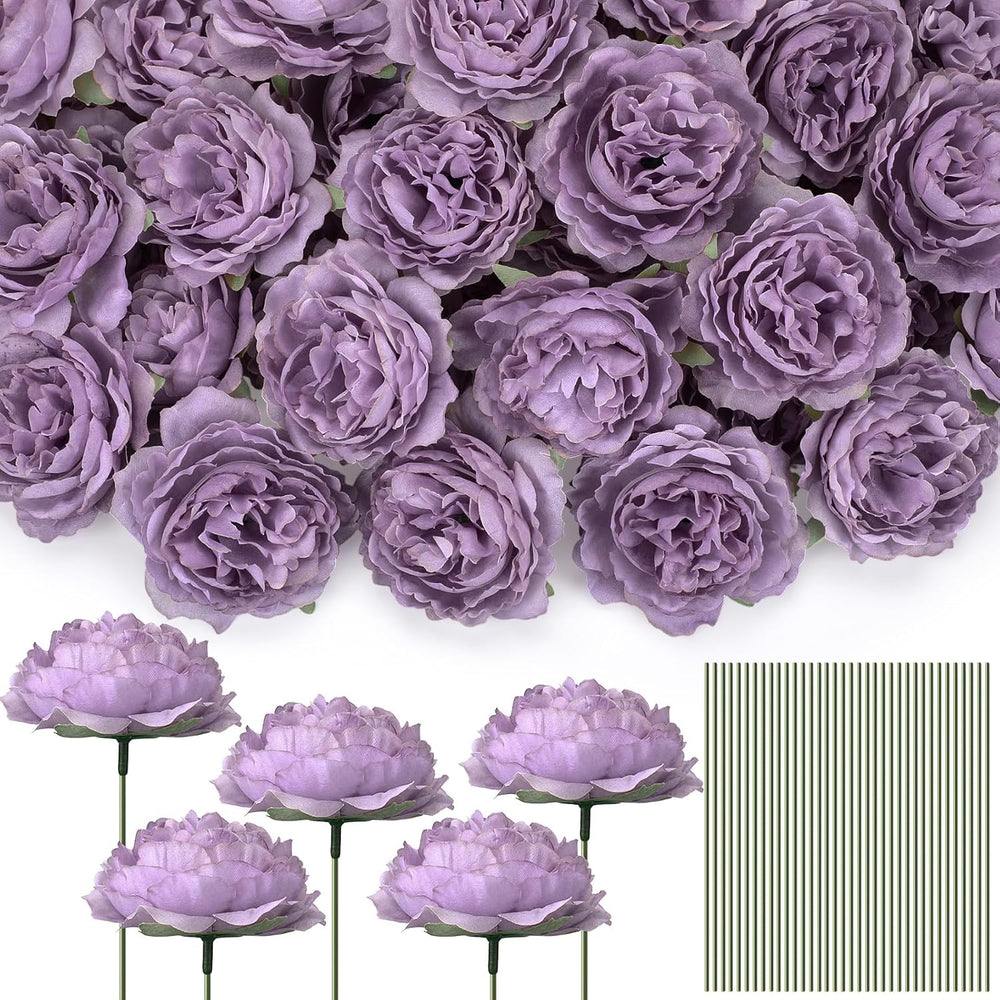 100 Pcs Long Stem Artificial Fake Roses Flowers, Purple
