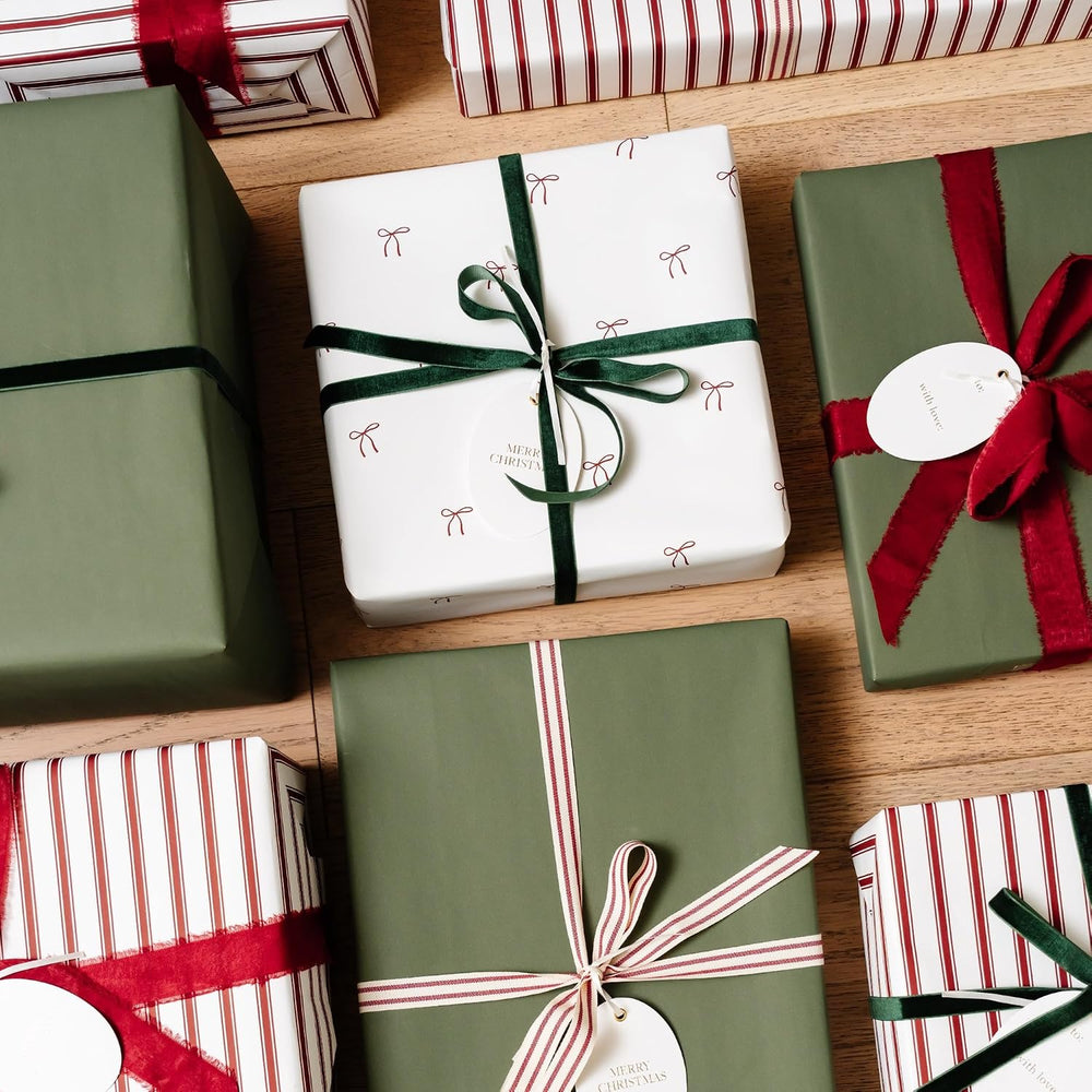 Merry Market Satin Christmas Wrapping Paper (Bows, Stripes, Solid Green)