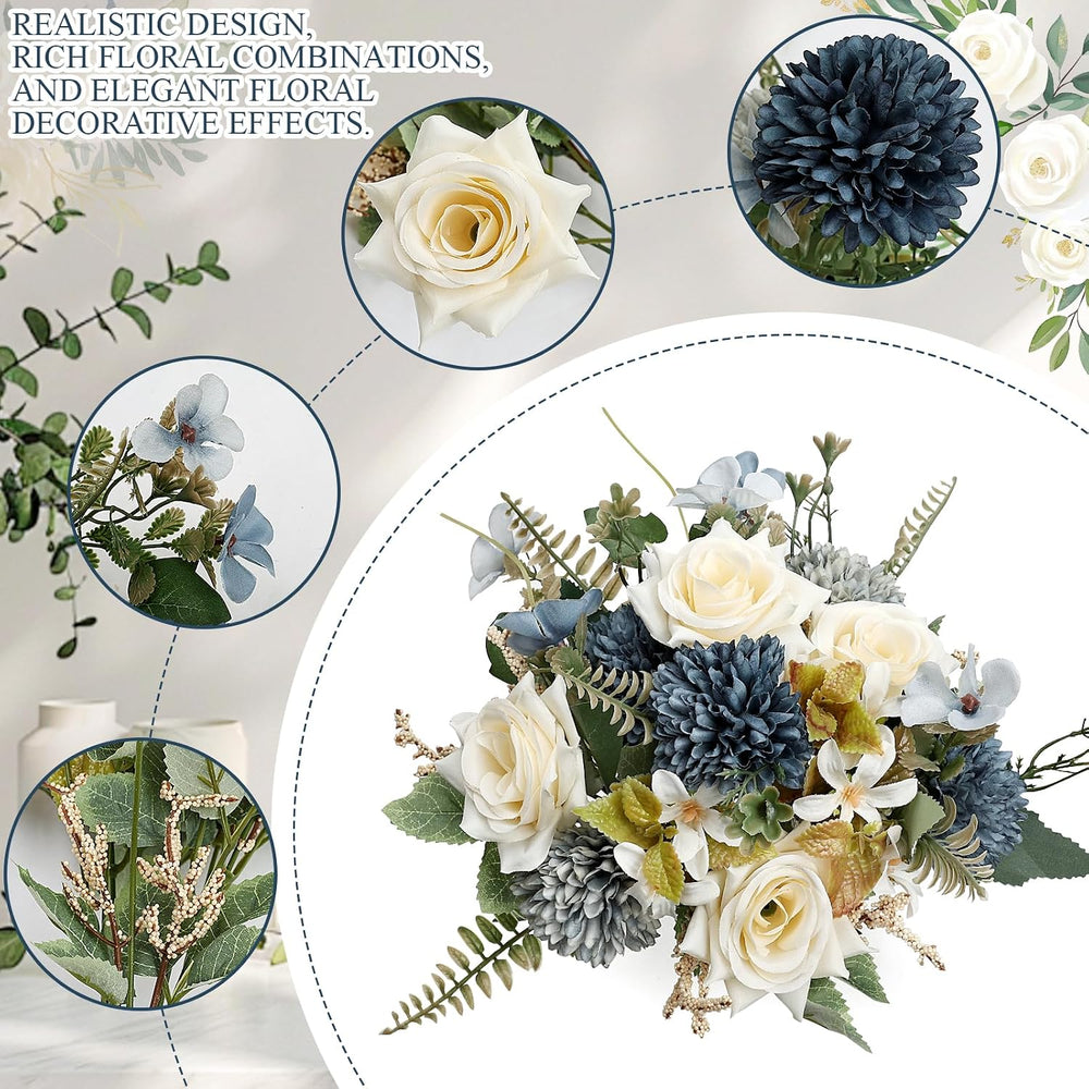 Blue White Peonies Artificial Flowers 12 Bundles Silk Mum Roses