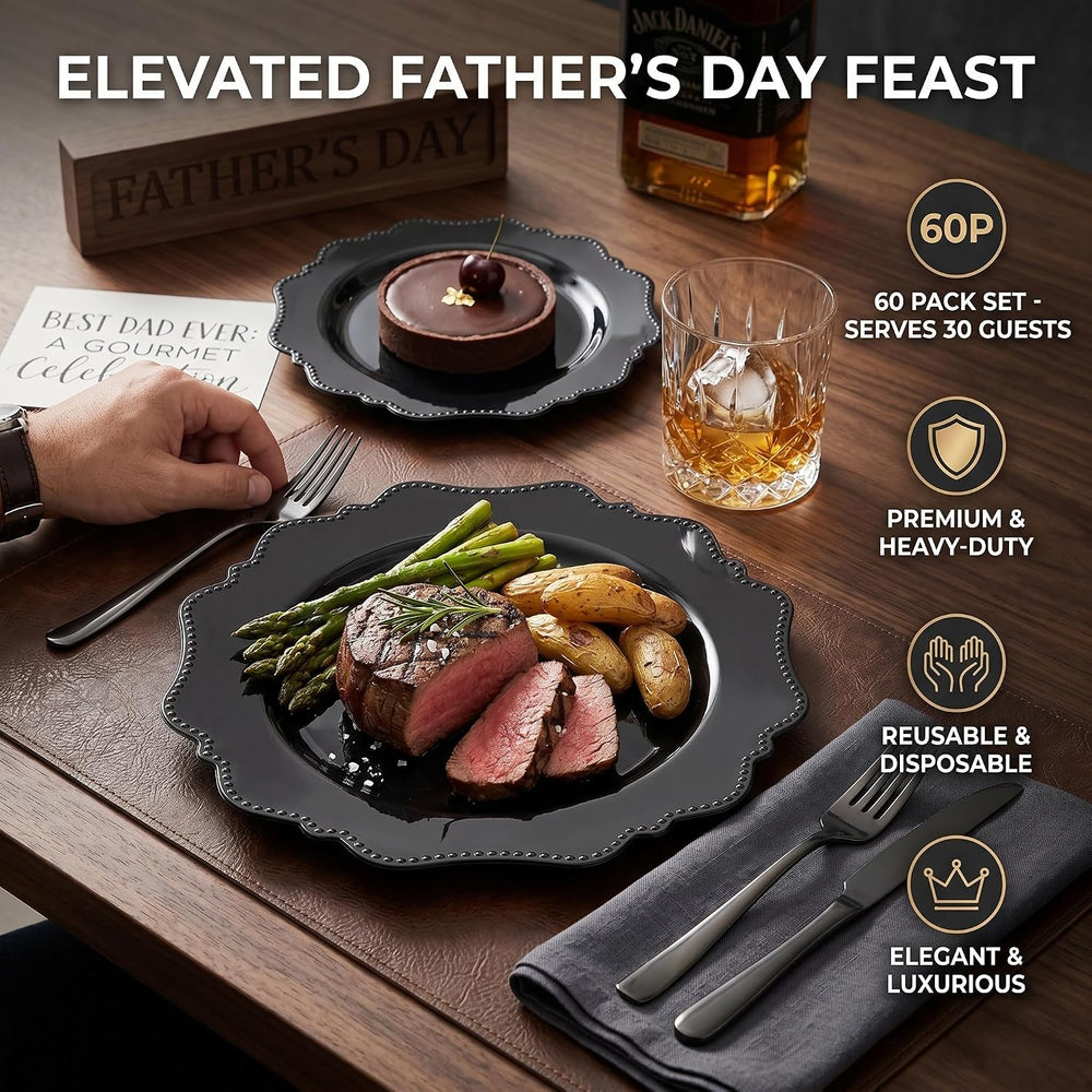 COLOSUS 60PCS Black Plastic Plates, Heavy Duty Disposable Plates for Party.