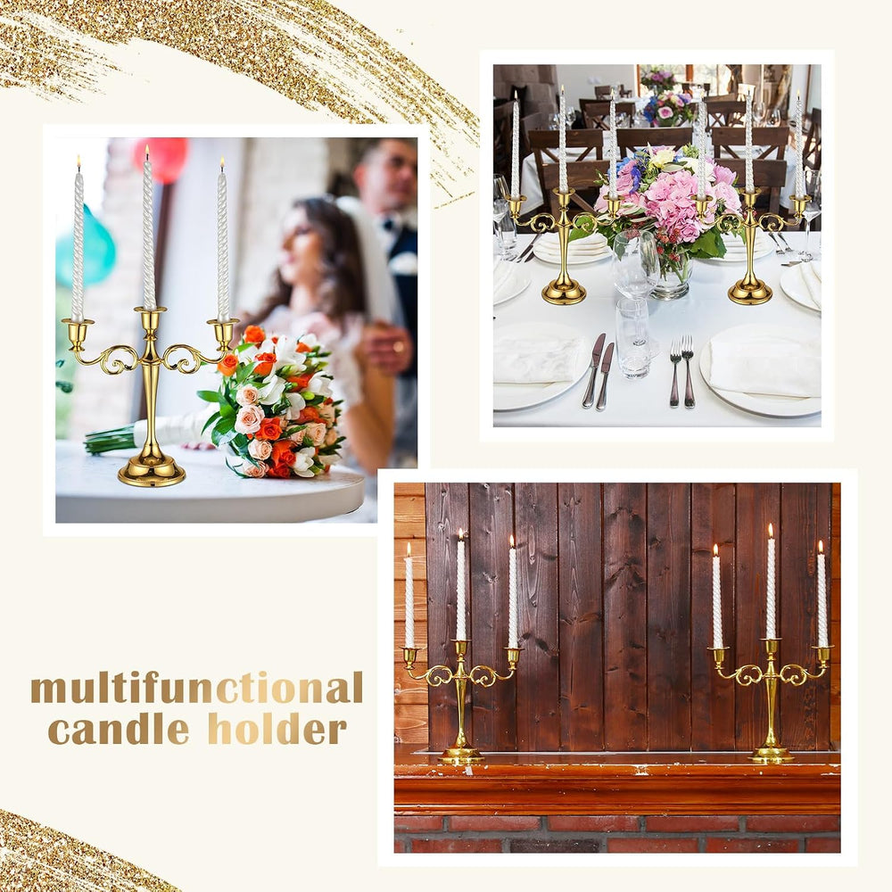 Dandat 3 Pcs 3 Arm Metal Candelabra Candle Holder, Classic, 10", Gold