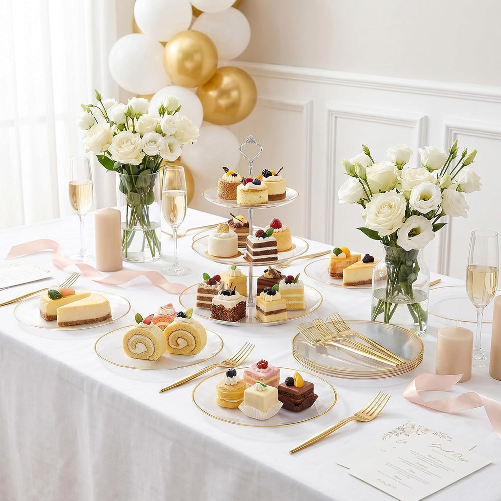 200Pcs Clear Gold Dessert Plates With Plastic Gold Forks, 100pcs 7.5inch Plat...
