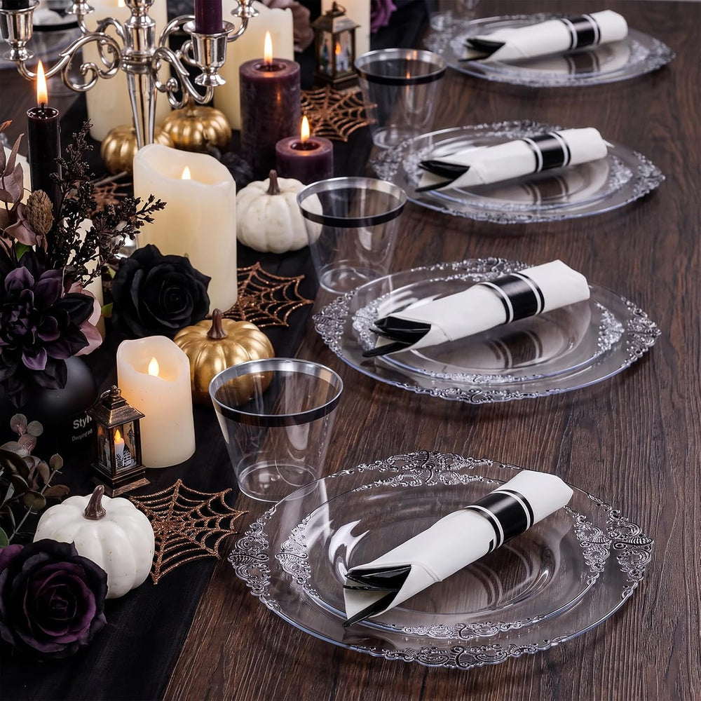Hioasis 175 Pcs Clear Black Plates for Party