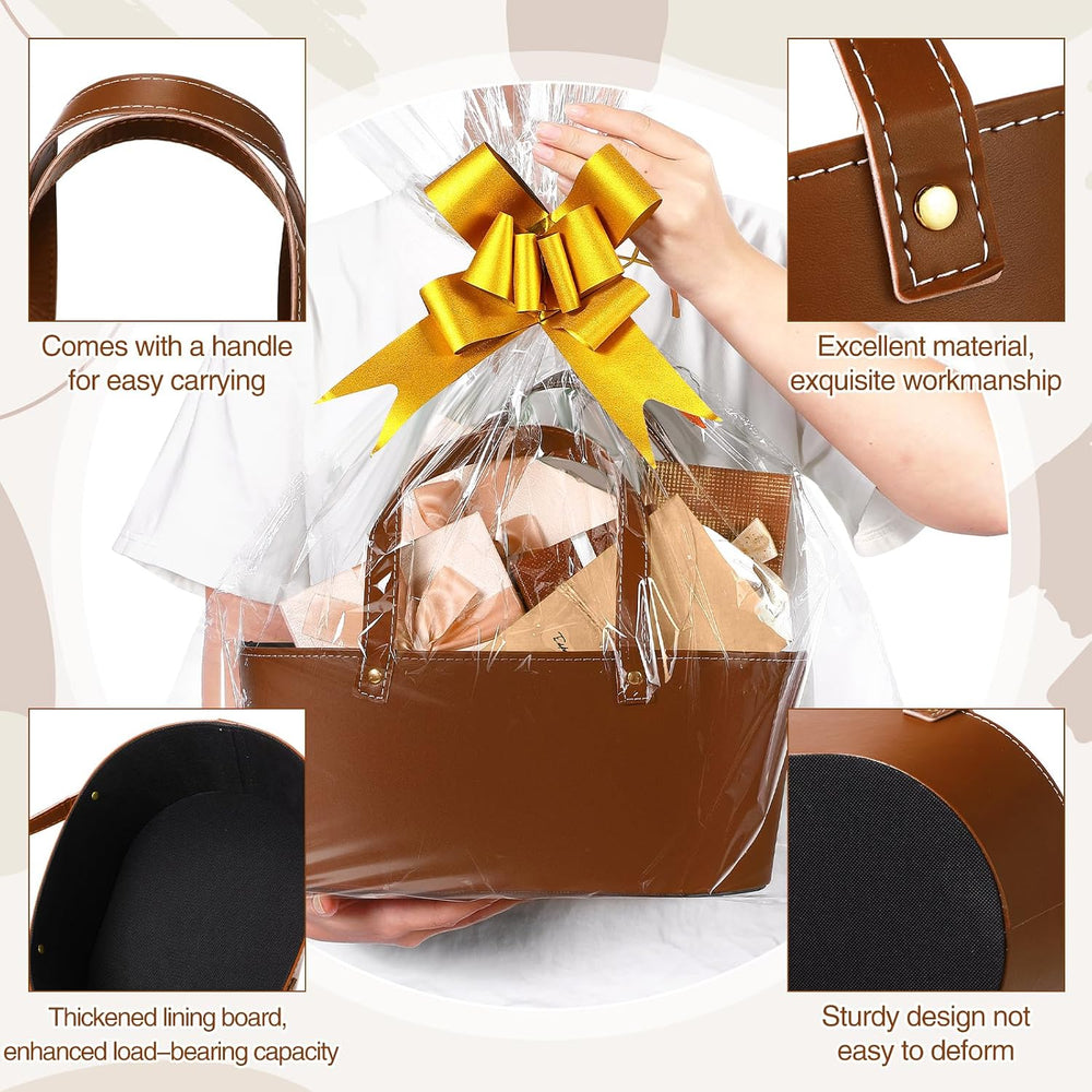 Wonderjune Empty Baskets for Gift Leather Thanksgiving Gift Bags, Brown