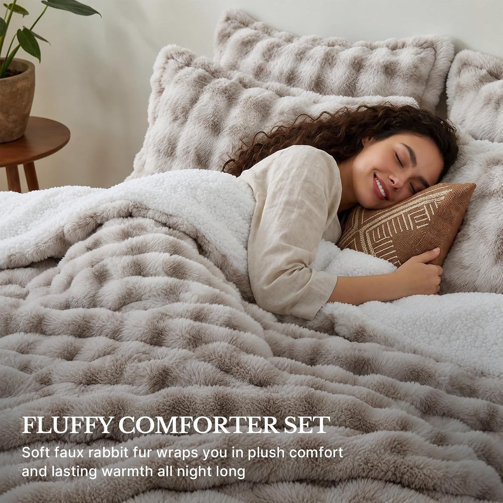 DAICO Fluffy Faux Rabbit Fur Bubble Comforter Set King Size Tie Dyed Taupe