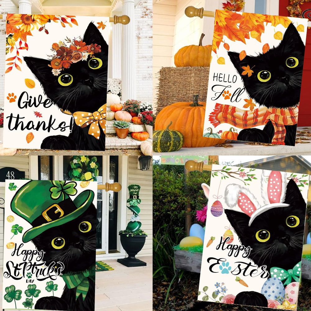 Cat Garden Flags Set of 11, Double Sided 28 x 40 Inch Black Cat House Flags