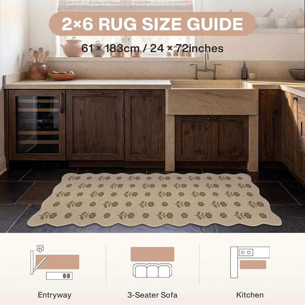 Tribesigns 2x6 Tan Scalloped Easy Jute Hallway Runner Rug for Kitchen